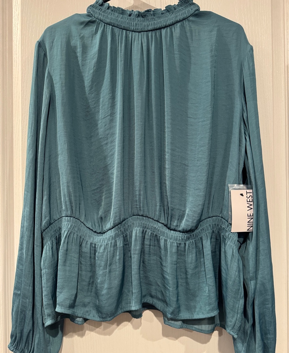 Nine West XXL Teal Satin Smocked Peplum Blouse NWT